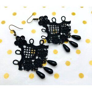 Vintage Black Crochet Lace Dangle Earrings With Teardrop Beads